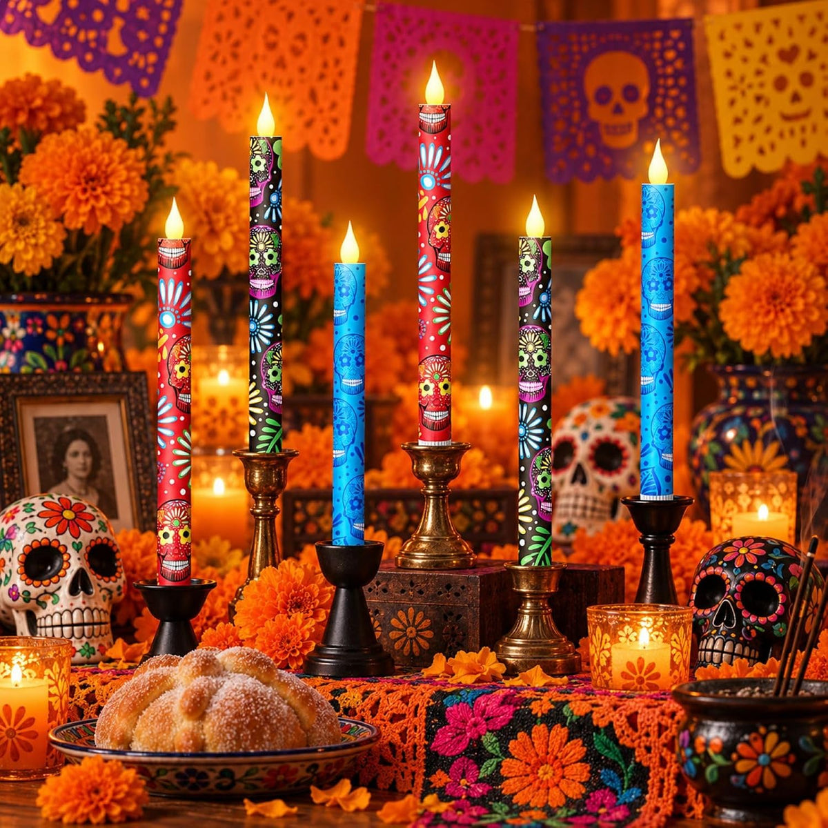 Honoson 6 Pcs Dia De Los Muertos Flameless Taper Candles, Battery Operated