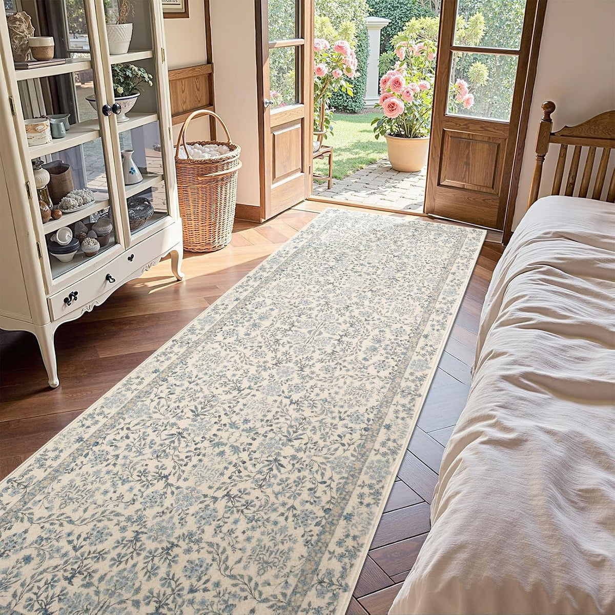 jinchan 3x8 Washable Hallway Runner Rug, Floral Non-Slip, Blue/Cream