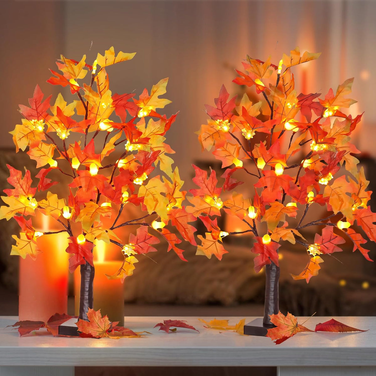 Fall Decor 2 Pack 24 Inch Lighted Maple Tree with 48 LED & Timer, Battery...