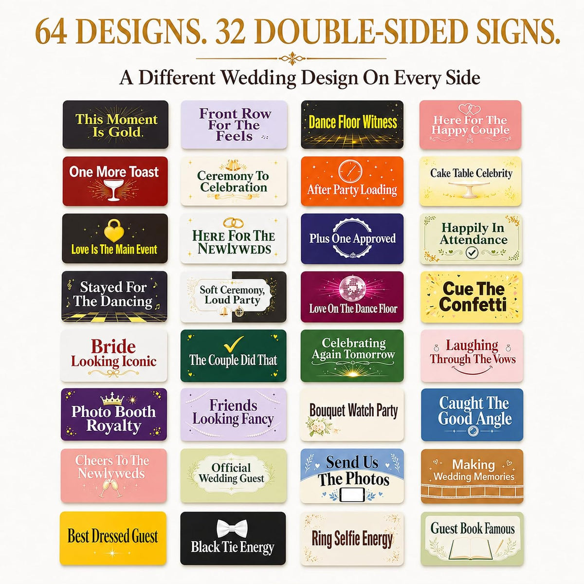 64 Designs Wedding Photo Booth Props, 32 Double-Sided Selfie Signs