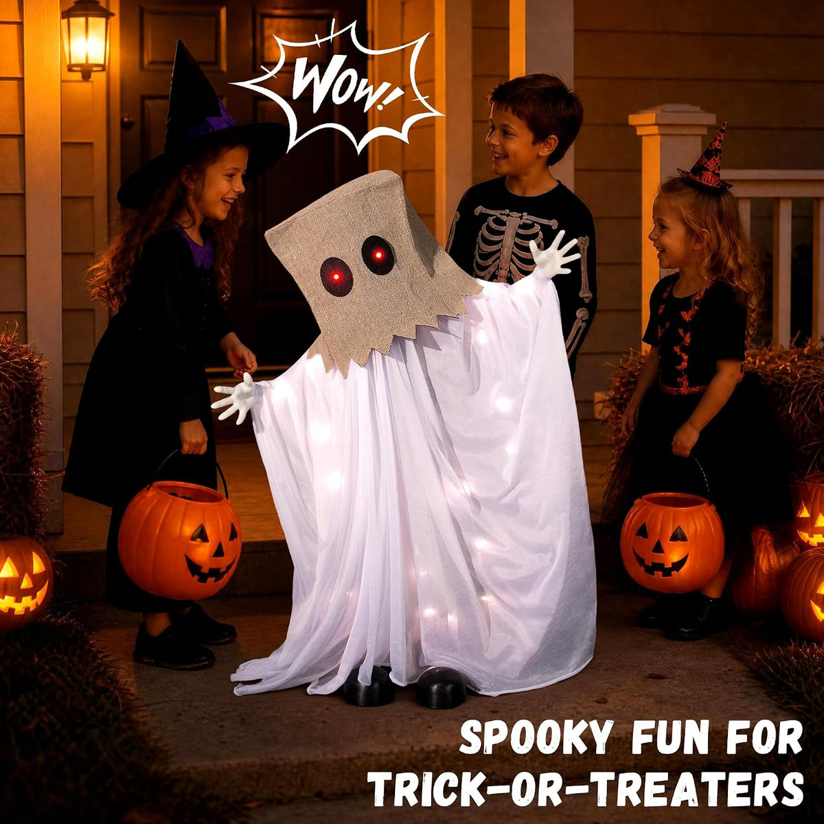 Halloween Animatronic Sack Ghost Decoration, 35" Sound Activated Scare G...