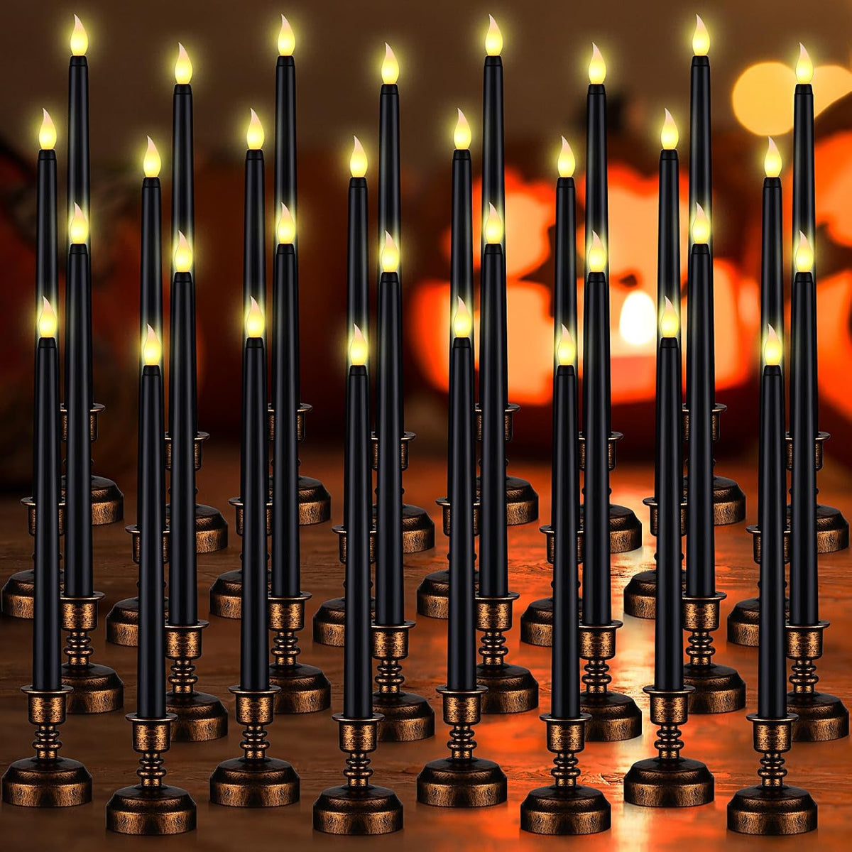 MTLEE Black 32 Pcs Flameless Taper Candles with Holders