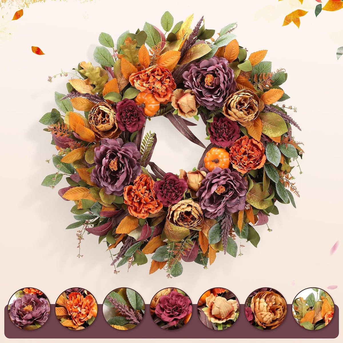 26 Inch Fall Wreath for Front Door, Large Autumn Harvest Wreath with Purple P...