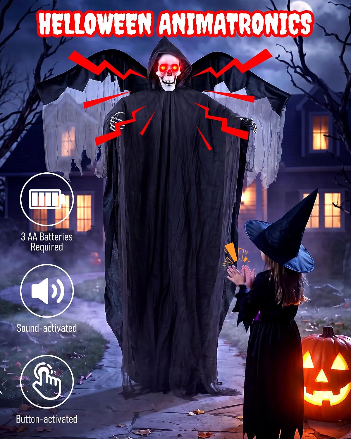 74'' Sound Activated Animatronics Skeleton, Outdoor Halloween Skeleto...