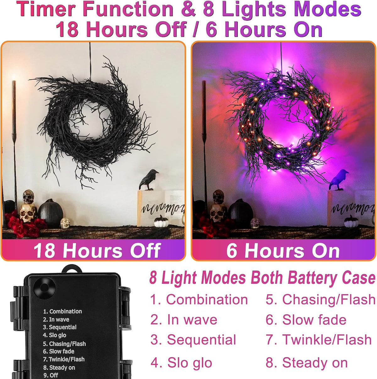 9 FT 66 LED Willow Vine Twig Decor Black Halloween Garland with Orange Purple...
