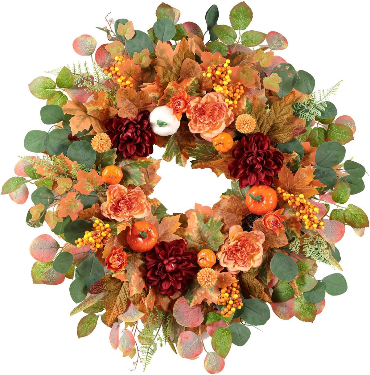 26 Inch Fall Wreaths for Front Door with Orange Camellia & Burgundy Dahlias