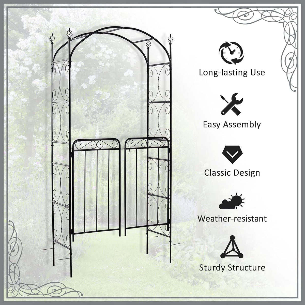 Outsunny 84" Garden Arch Arbor with Gate Metal for Climbing Vines Black