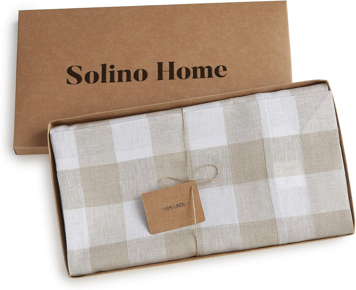 Solino Home 100% Linen Tablecloth, 60 x 144 in, Natural and White Check