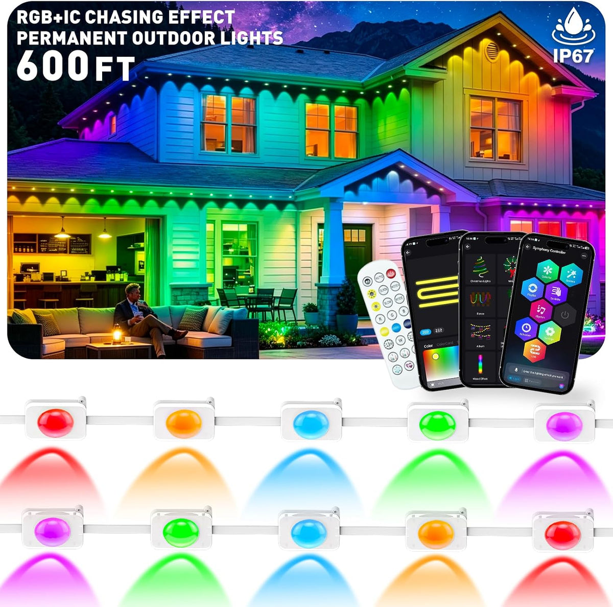 LITSOUL 600FT Permanent Outdoor Lights for House RGB+IC, Chasing Effect Smart...