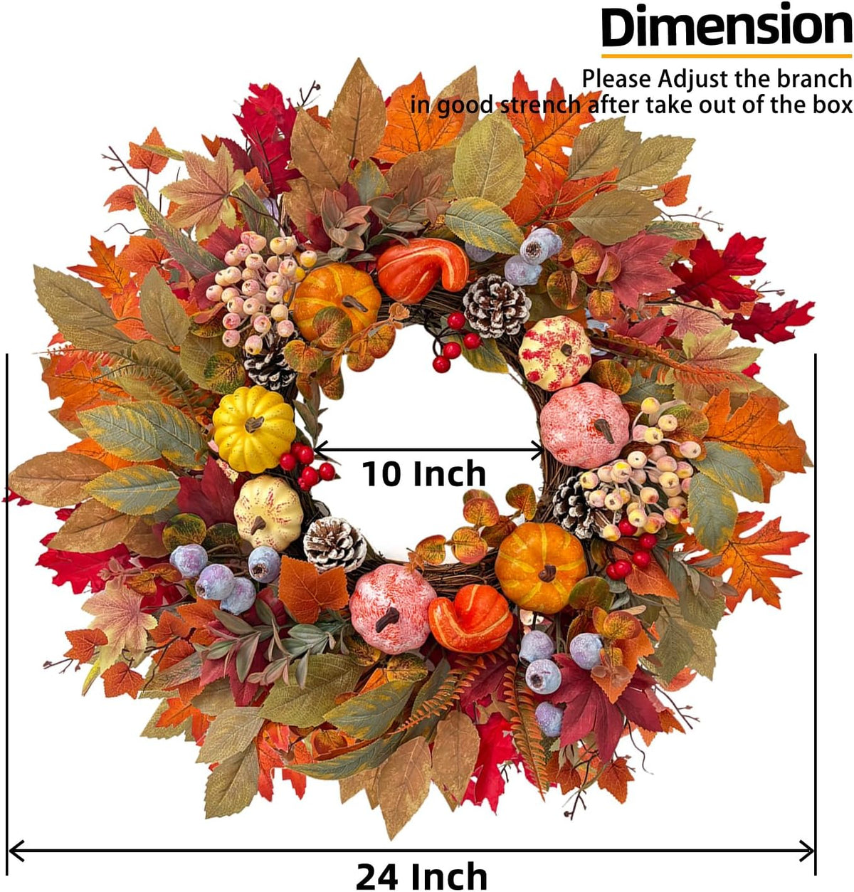 HipTree 24In Fall Wreath Pumpkin Maple Berry Front Door Thanksgiving Decor