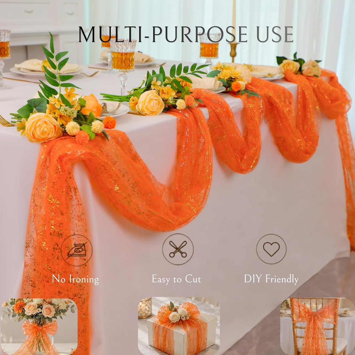10Pcs Orange Gold Table Runner Metallic Foil Shimmer Sheer Gauze Decor 10ft