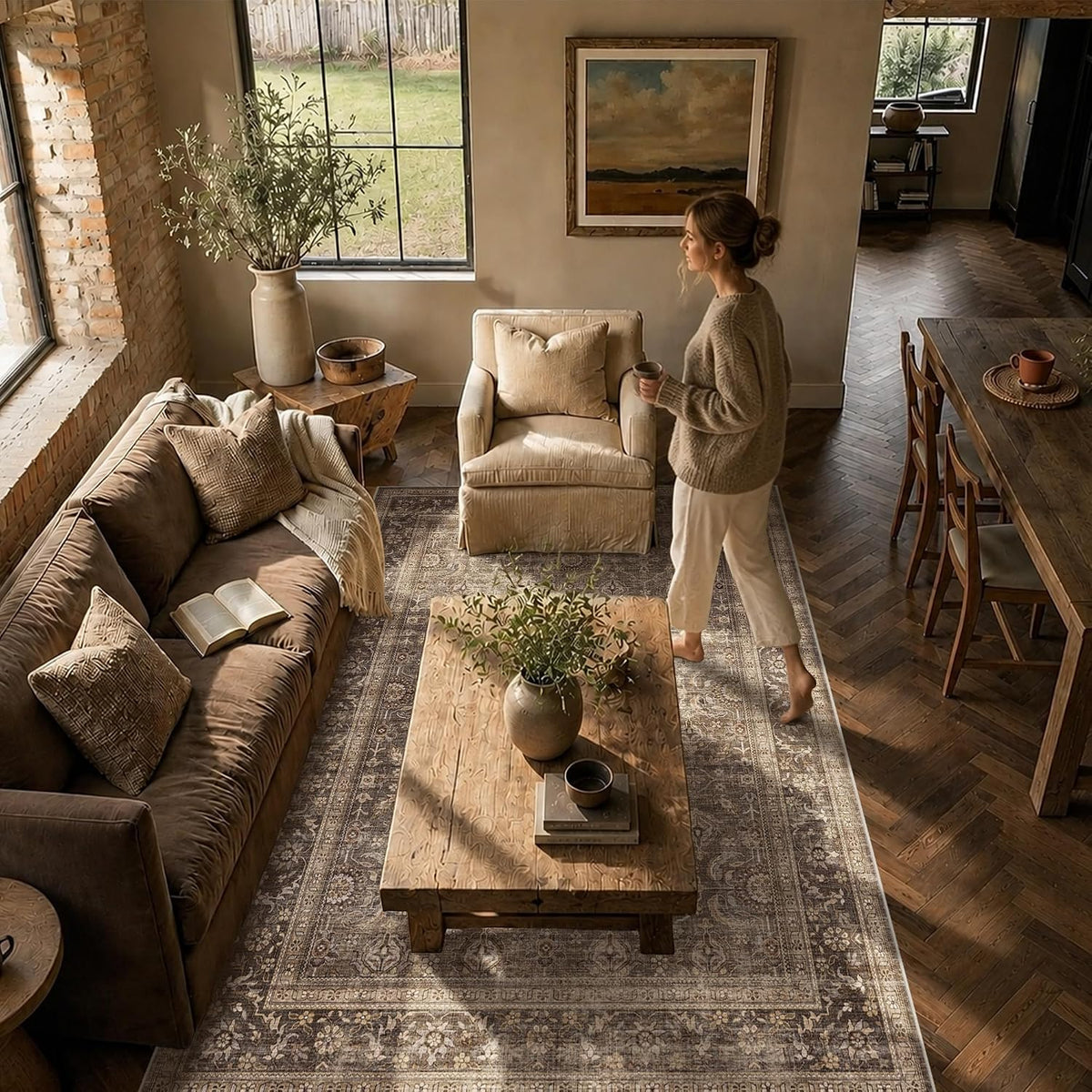 JOOJA 9x12 Dark Brown Vintage Soft Low Pile Washable Boho Large Area Rug