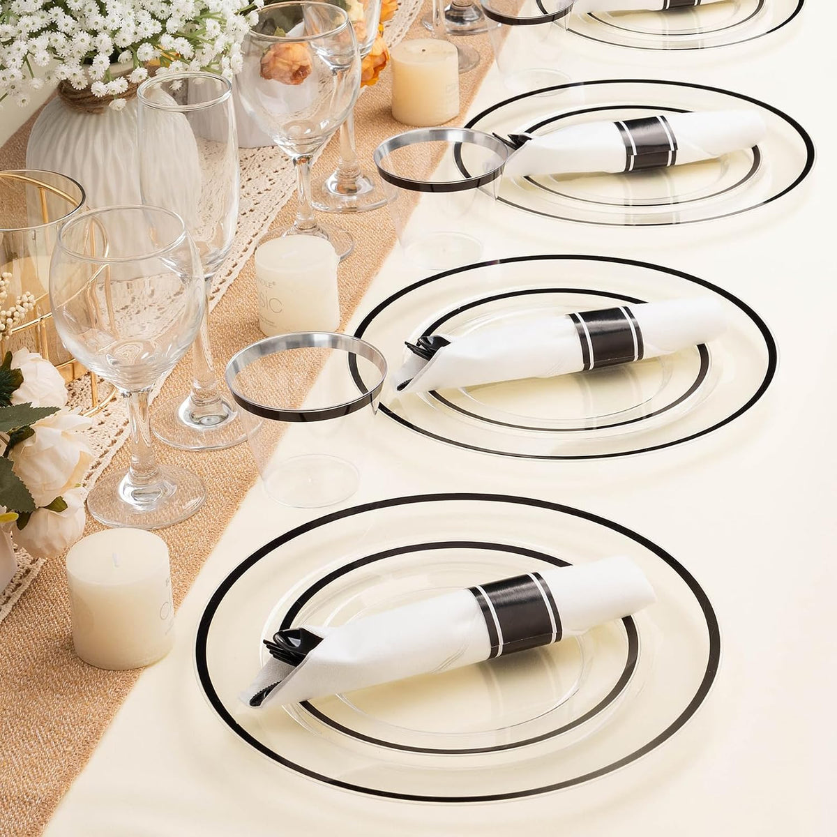 BESTSTAR 350 PCS Clear and Black Disposable Plastic Plate Set for 50 Guests