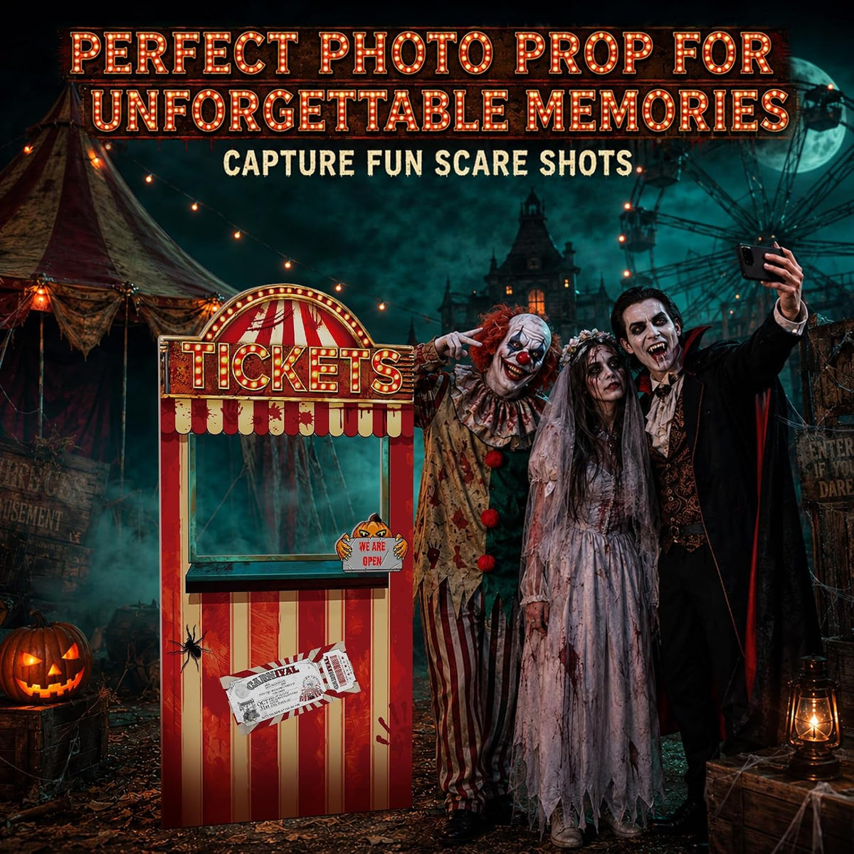 5.6 Ft Creepy Carnival Ticket Booth Photo Prop, Stand Up Halloween Carnival C...
