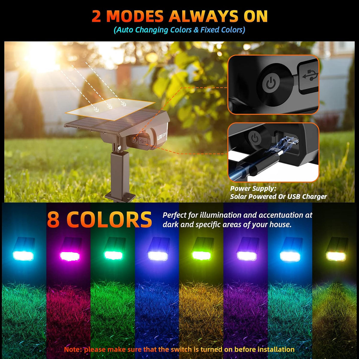LEREKAM Color Solar Light Outdoor Waterproof Spotlights with 9 Light Modes, C...