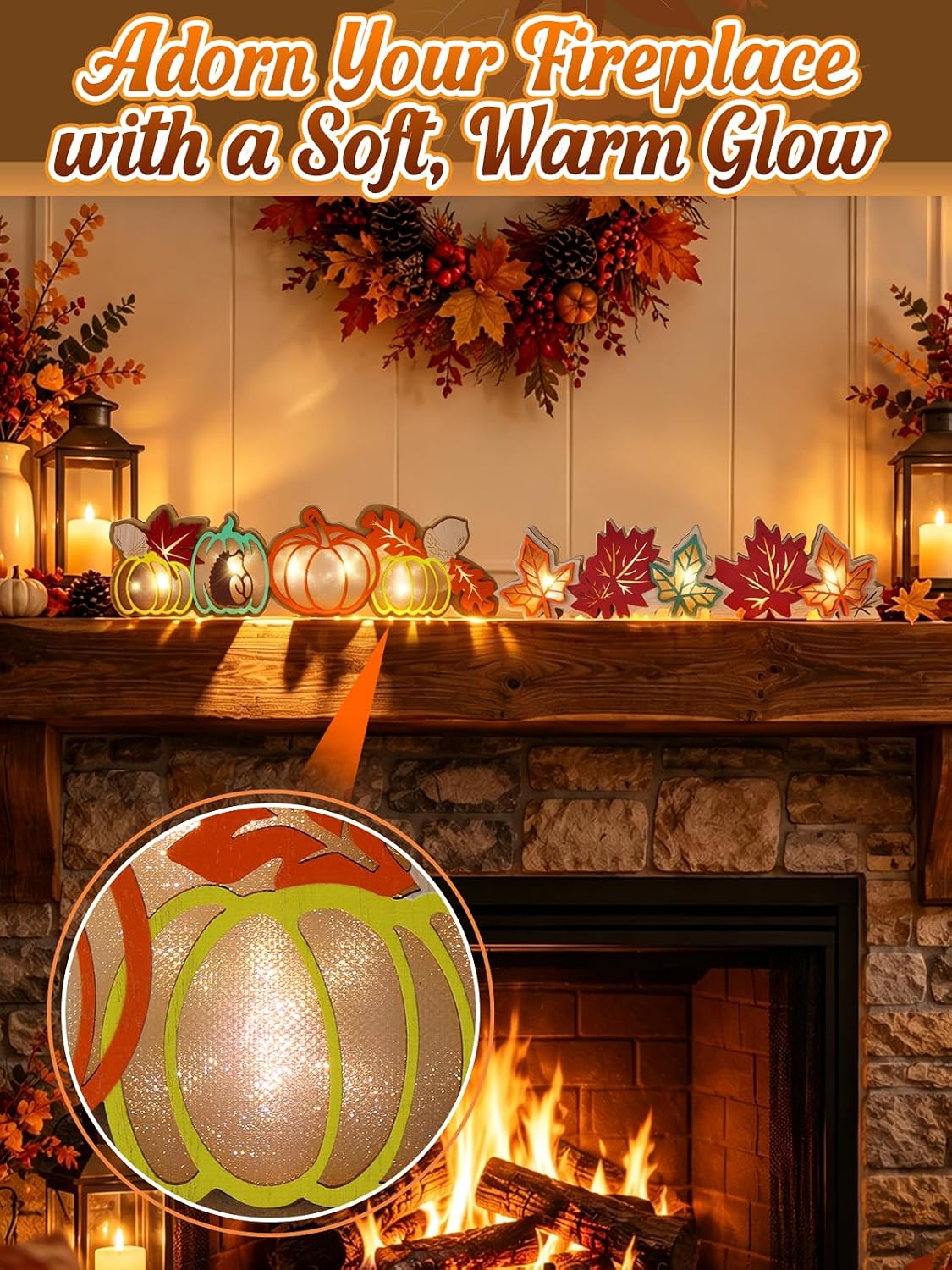 Bigmeta Lighted Wooden Pumpkin & Maple Leaves Decor for Thanksgiving