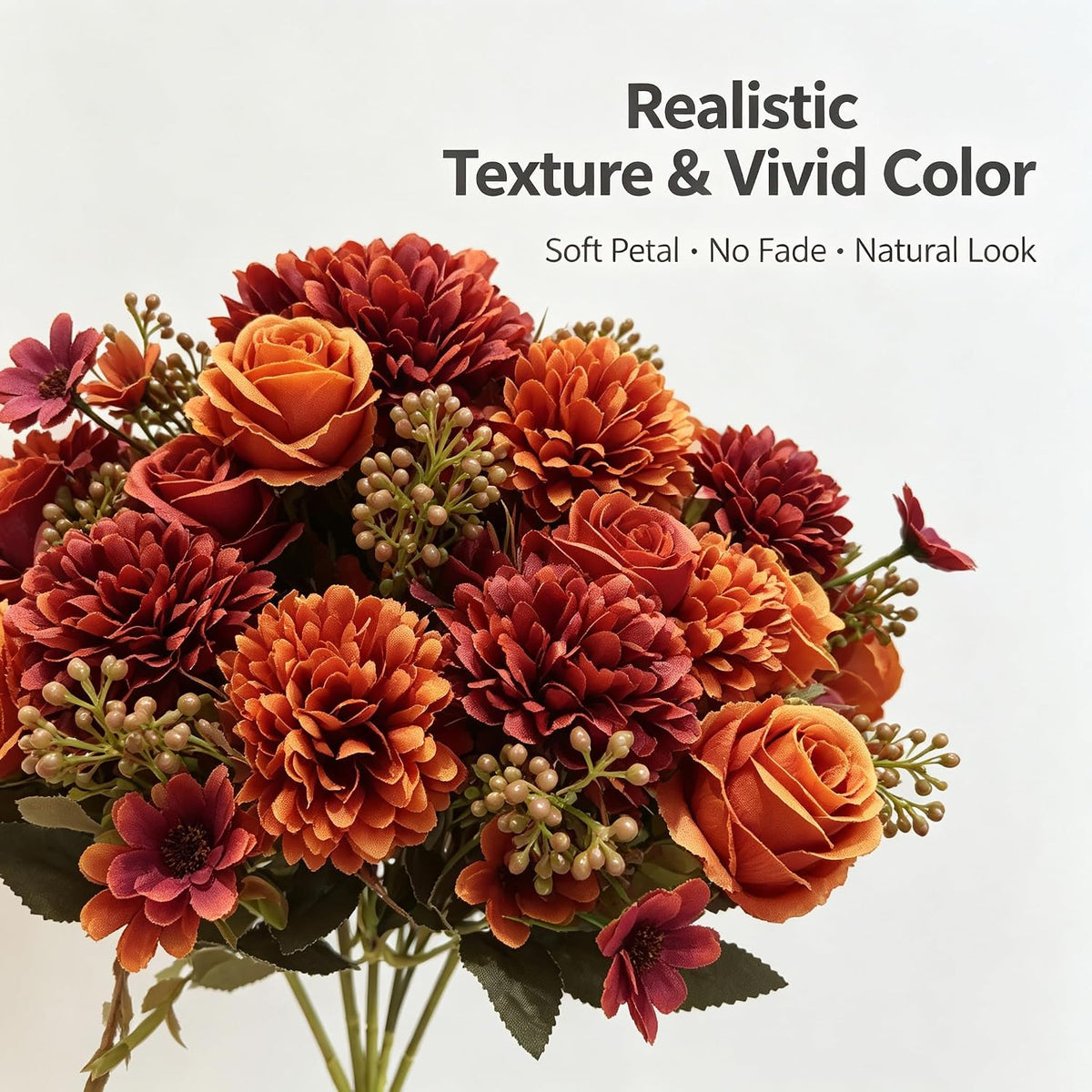 8 Pack Artificial Fall Flowers, Orange Red Silk Faux Bouquet