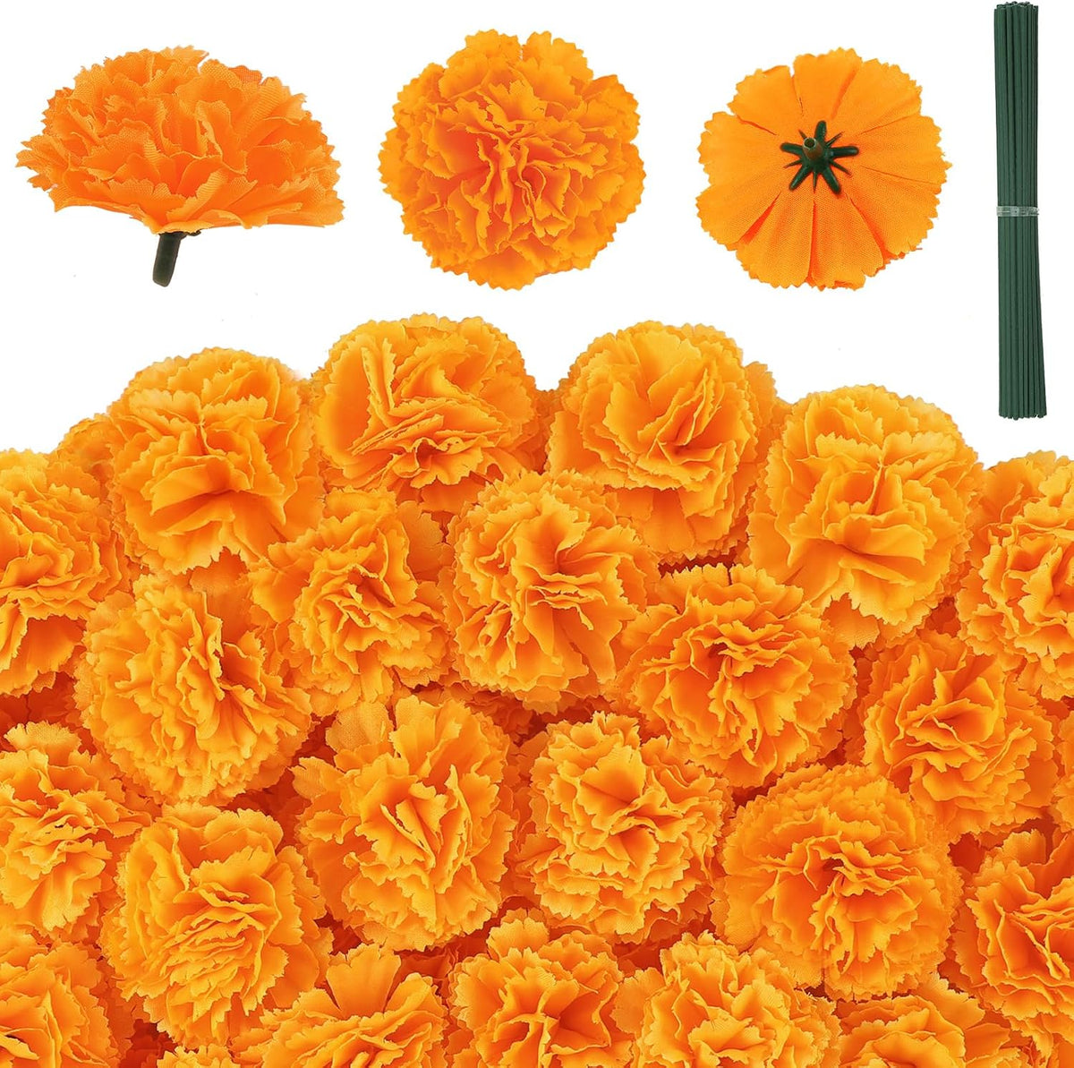 JMUQ 200Pcs Artificial Marigold Flowers, 2inch Silk Marigolds with Stems, Ora...