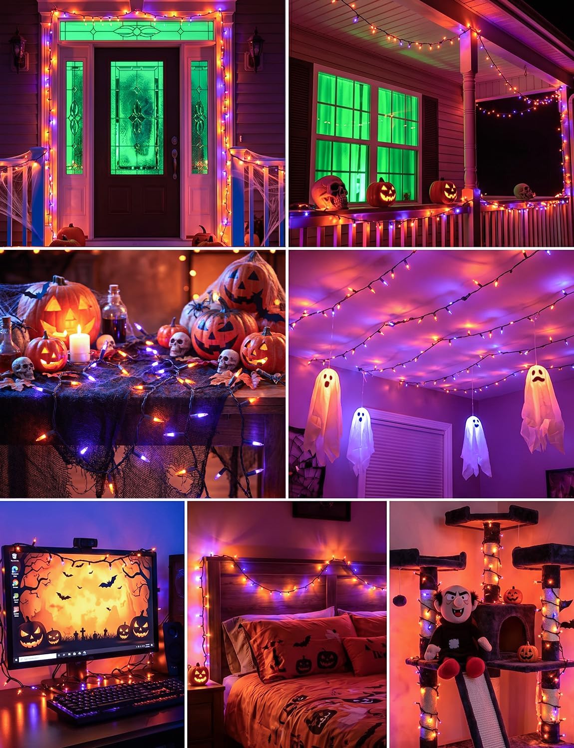 2Pack Orange & Purple Outdoor Halloween Lights,39Ft 100LED Christmas Lights