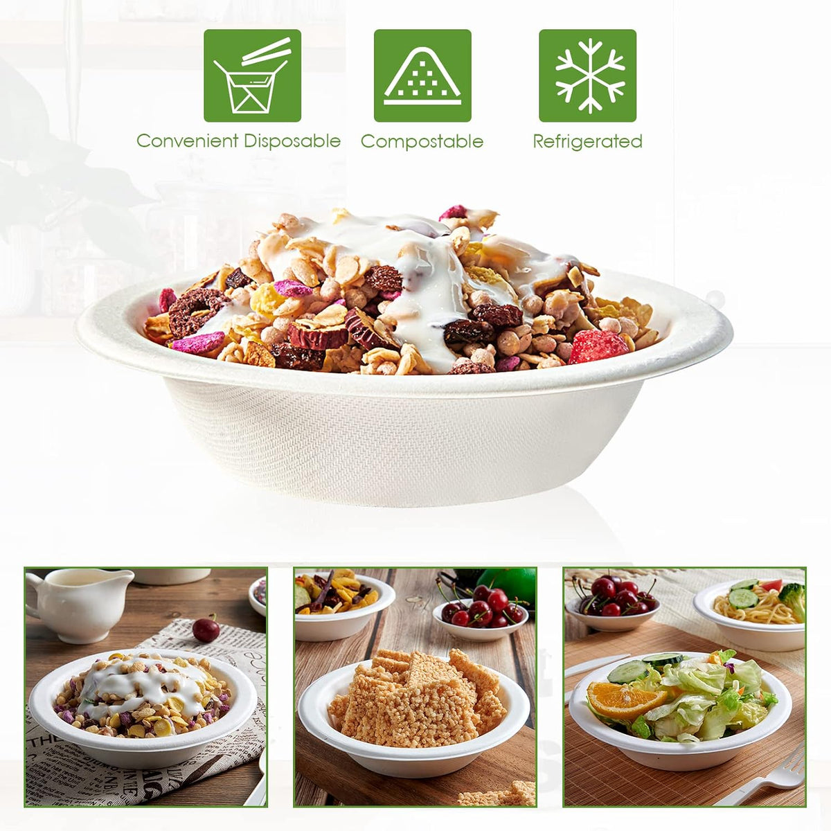 Vplus 200 Pack 16 OZ Compostable Paper Bowls, Bagasse Bowls,White