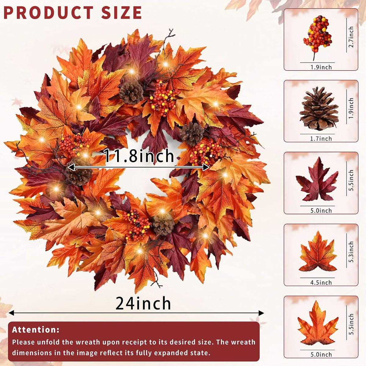 Ghrdopy 24in Fall Wreath for Front Door with 20 Lights & Timer