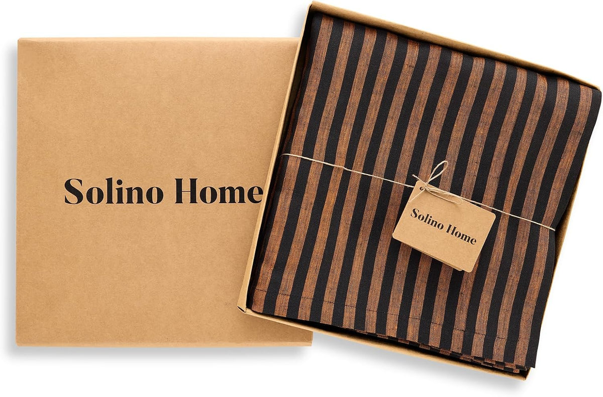 Solino Home 100% Linen Tablecloth, 60 x 90 in, Pumpkin and Black Striped