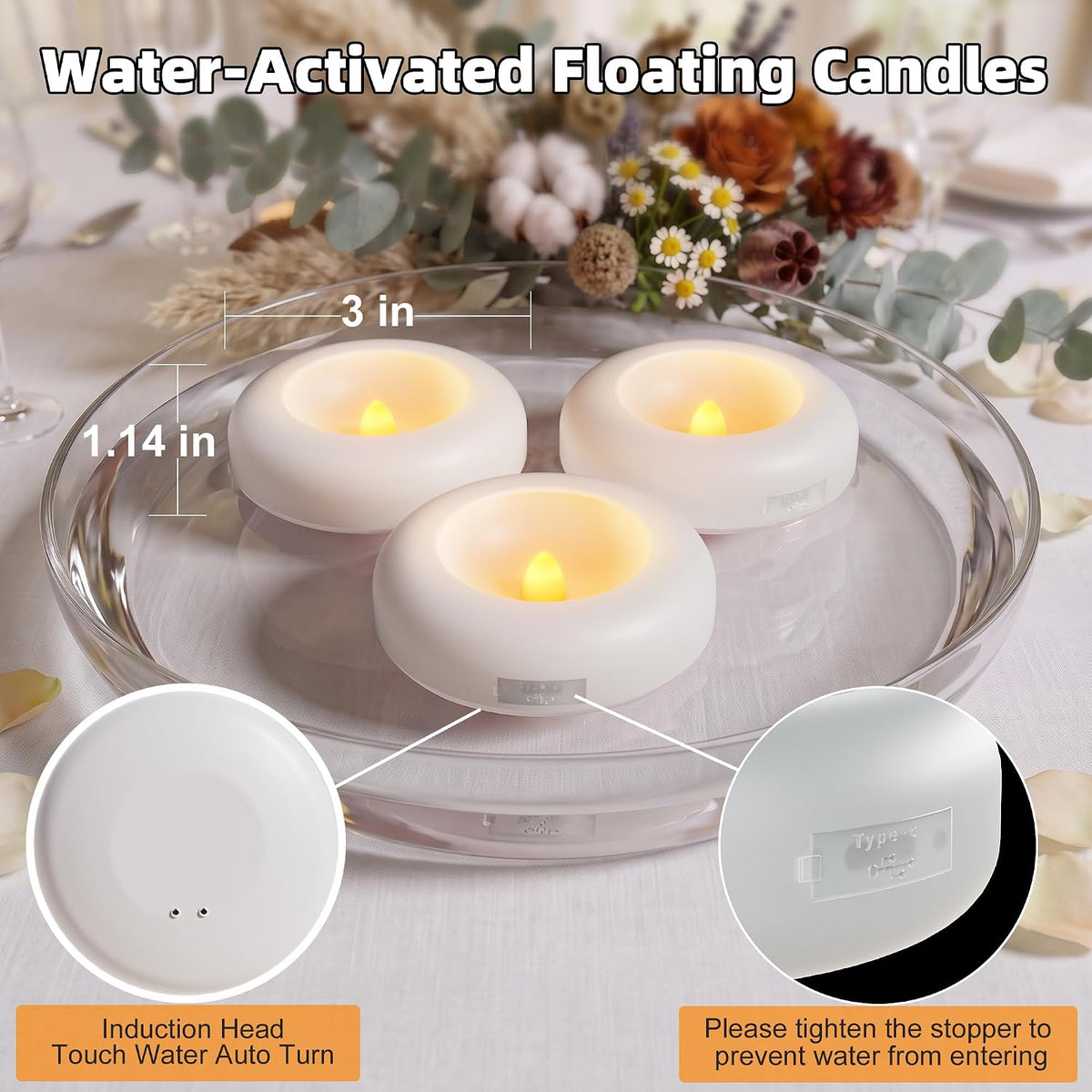 3" White Rechargeable Flameless Floating Candles, Water Activated 6 Pcs