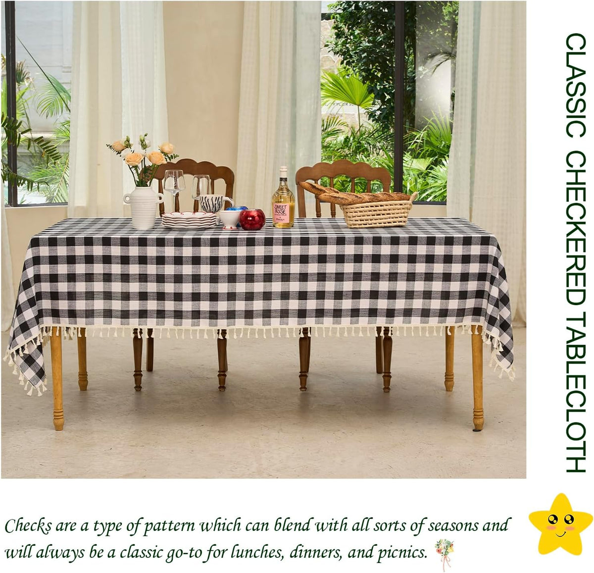 Midsummer Breeze Modern Black White Checkered Tablecloth Rectangle 55”x84”