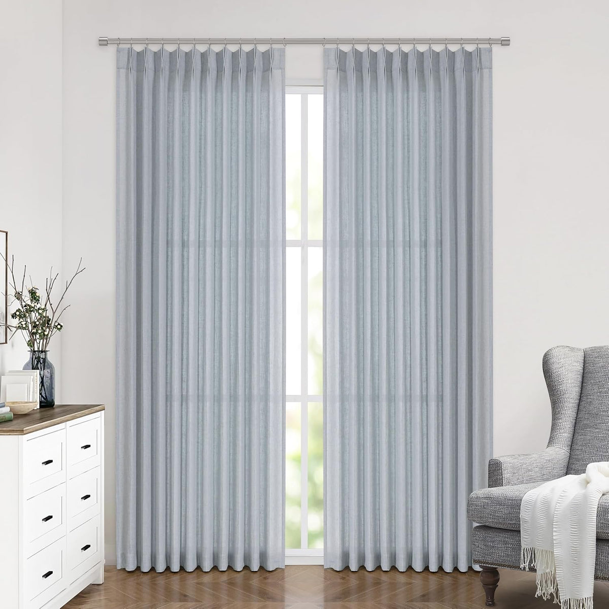 Vision Home Blue Grey Linen Pinch Pleated Semi Sheer Curtains 60Wx112Lx1