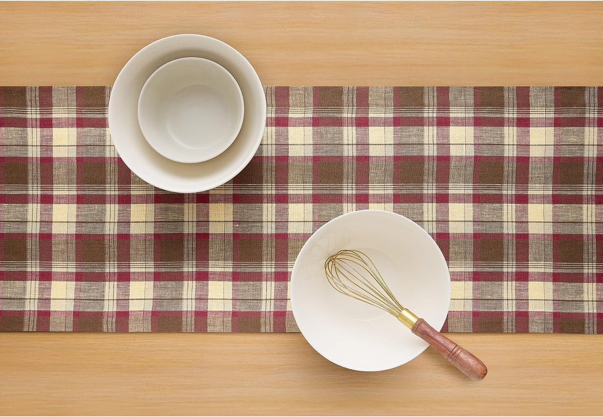 Solino Home 100% Linen Table Runner Multicolor, Rustic Plaid 14 x 72 in