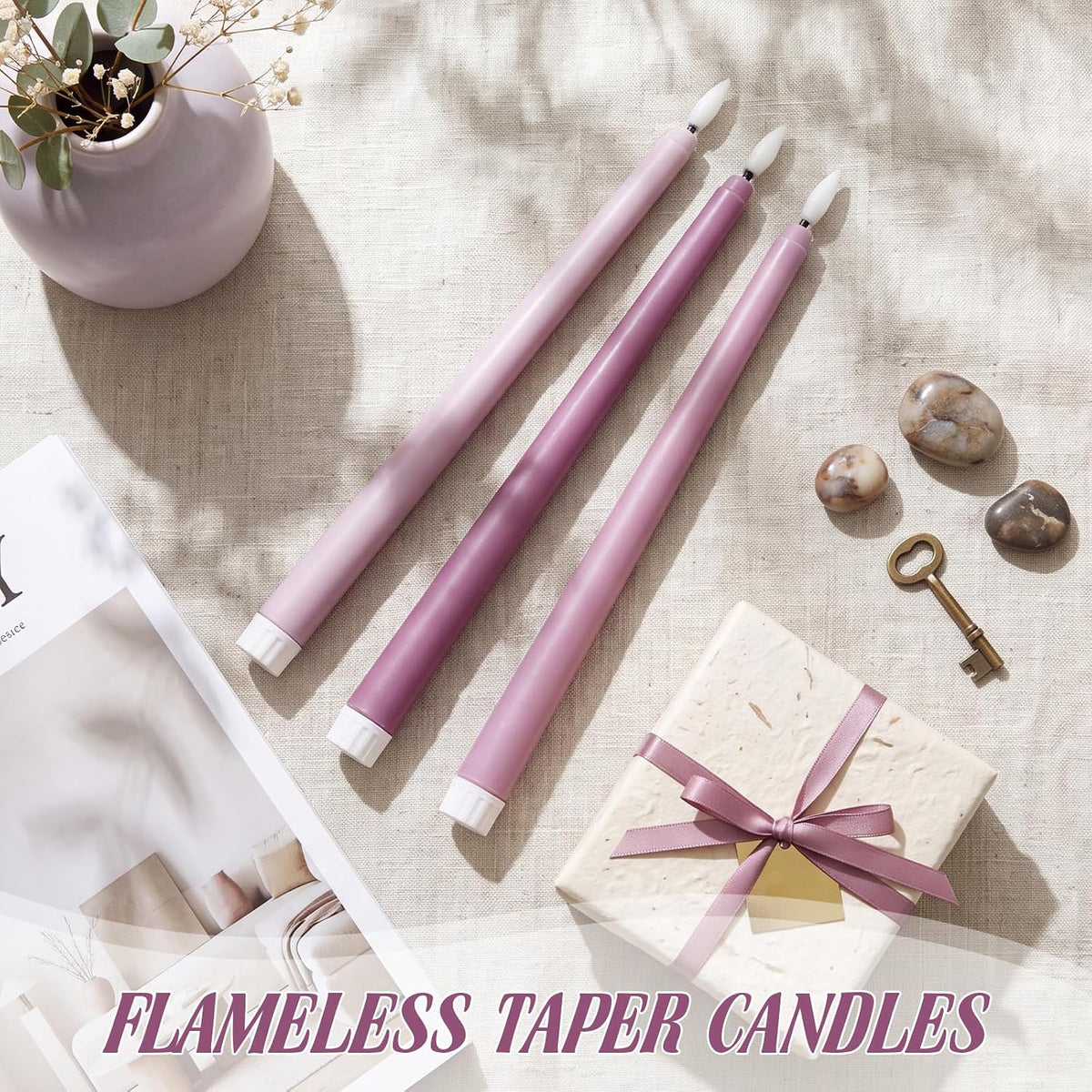 Macarrie 24 Packs Flameless Taper Candles Battery LED 11",Morandi Purple