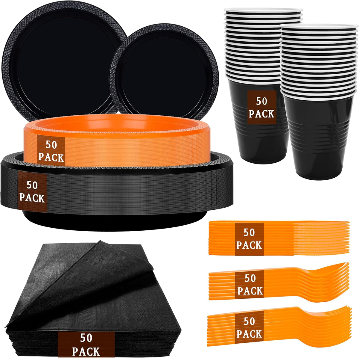 LUODA MirthMood 350PCS black and orange Plastic Plates,Black Disposable Plate...