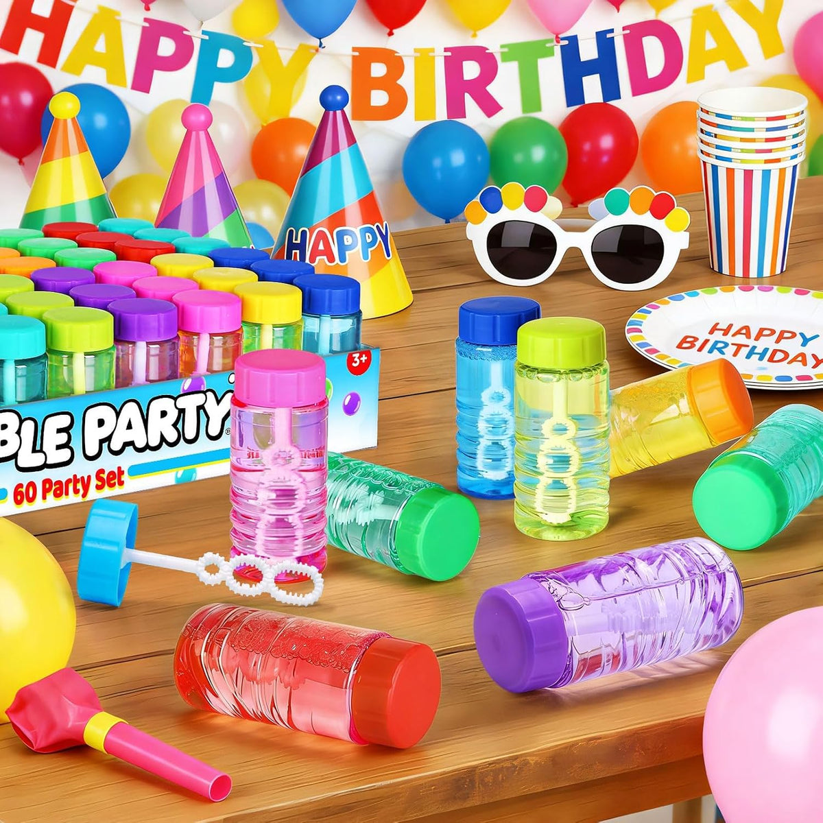 60 Pcs Neon Bubble Solution Bottles Bulk, Lid Attached Wands Party Favor
