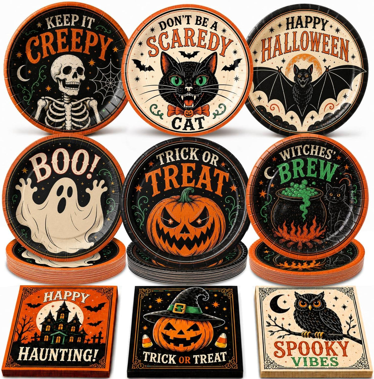 Oigco 60PCS Halloween Party Supplies, Vintage Halloween Plates and Napkins Se...