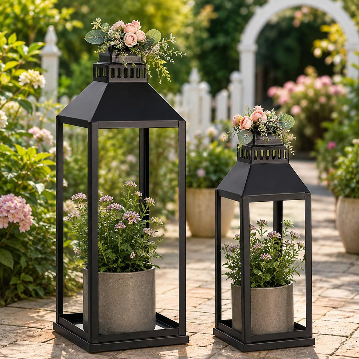 Decorative Lanterns Indoor Outdoor, 2Pcs 17" 13" Black Lantern with...