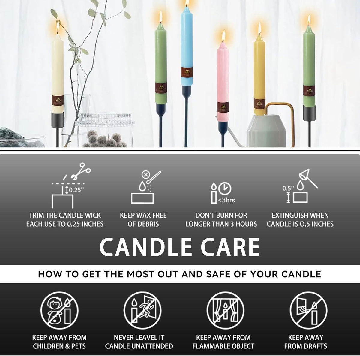 Black Halloween Taper Candles 4 Pack Hand-Poured 9 Inch Unscented Long Tapere...