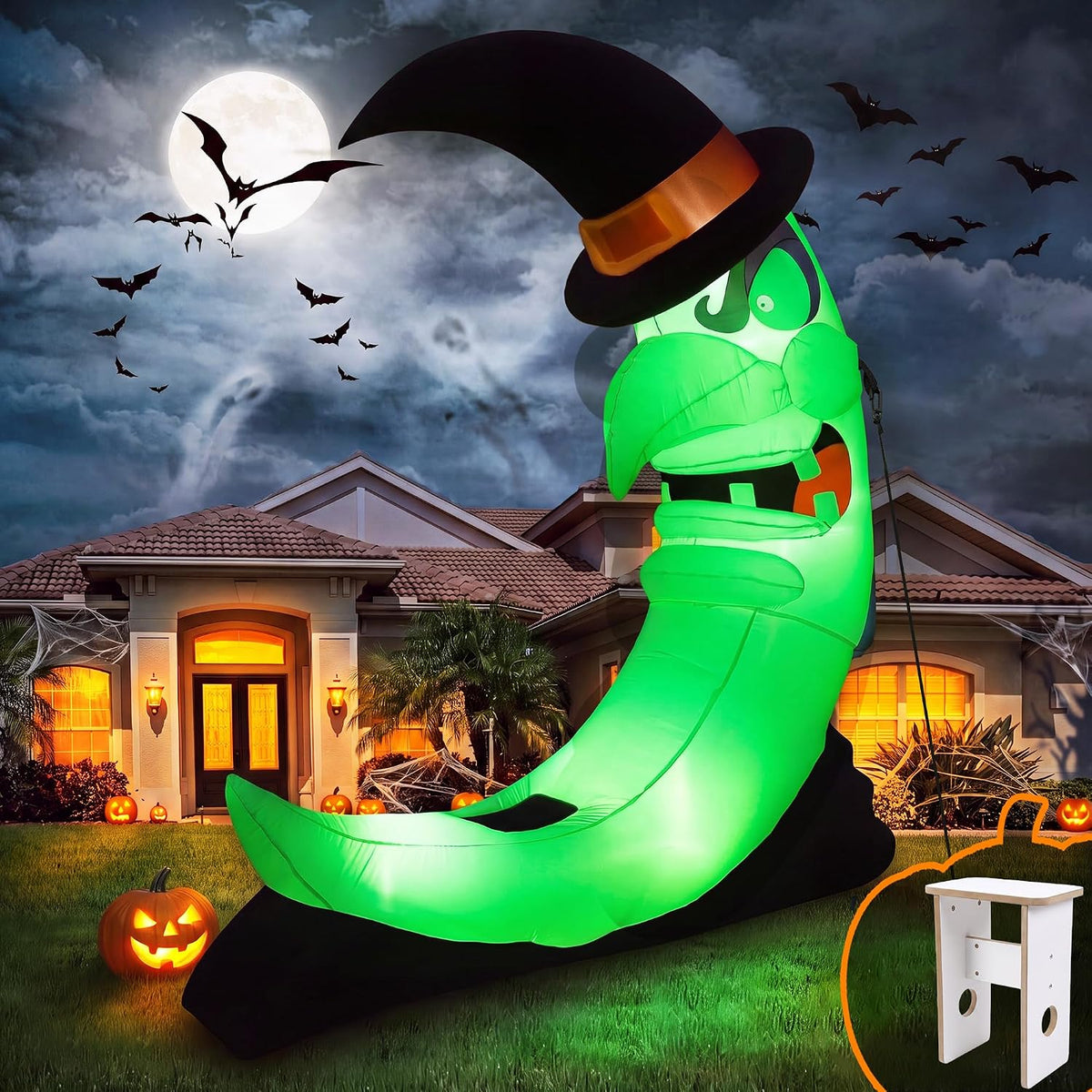 Giant Green 8.9 FT Halloween Inflatables Witch Moon Outdoor Decorations