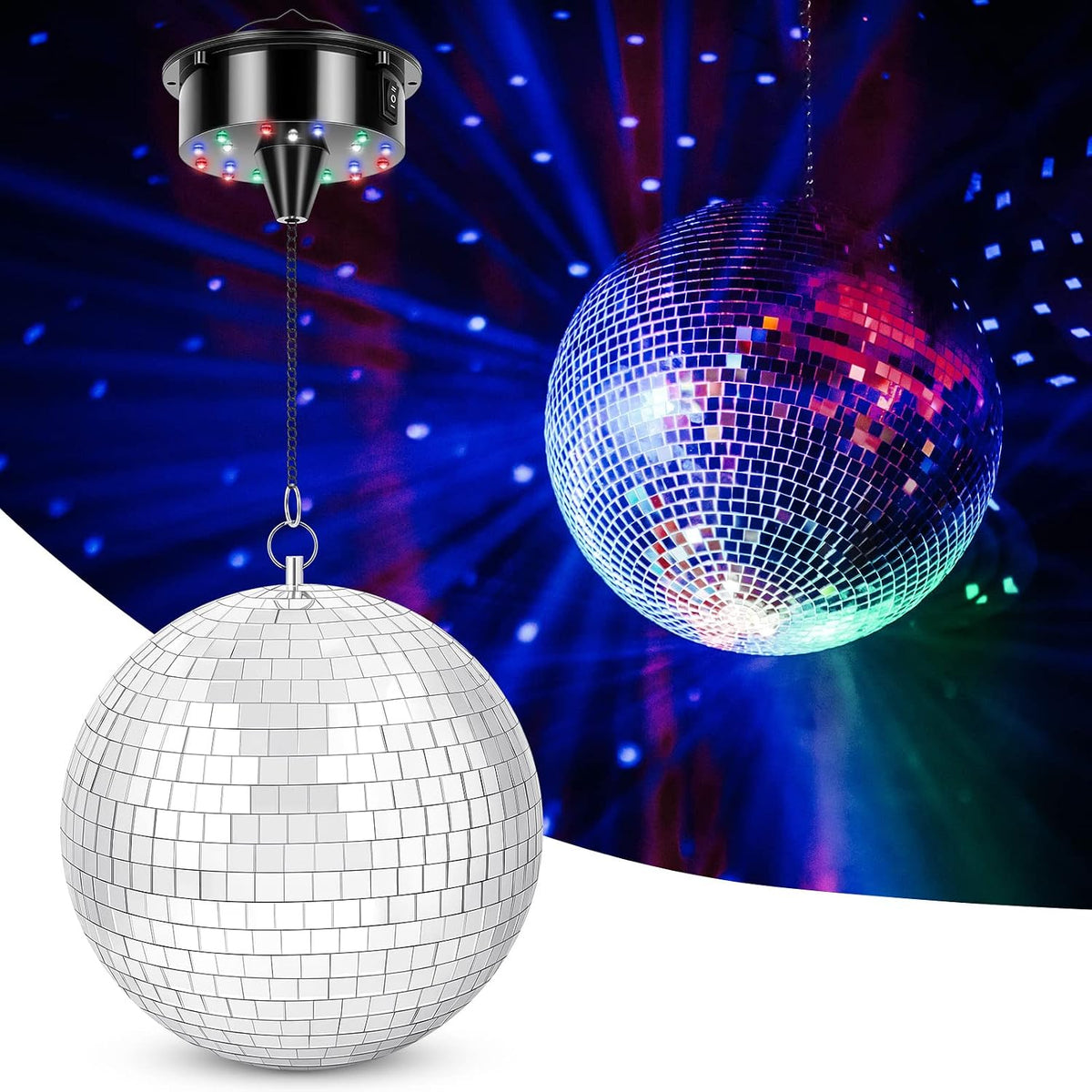 Disco Ball with Motor and Light 8" Hanging Mirror Ball Batteries Powered