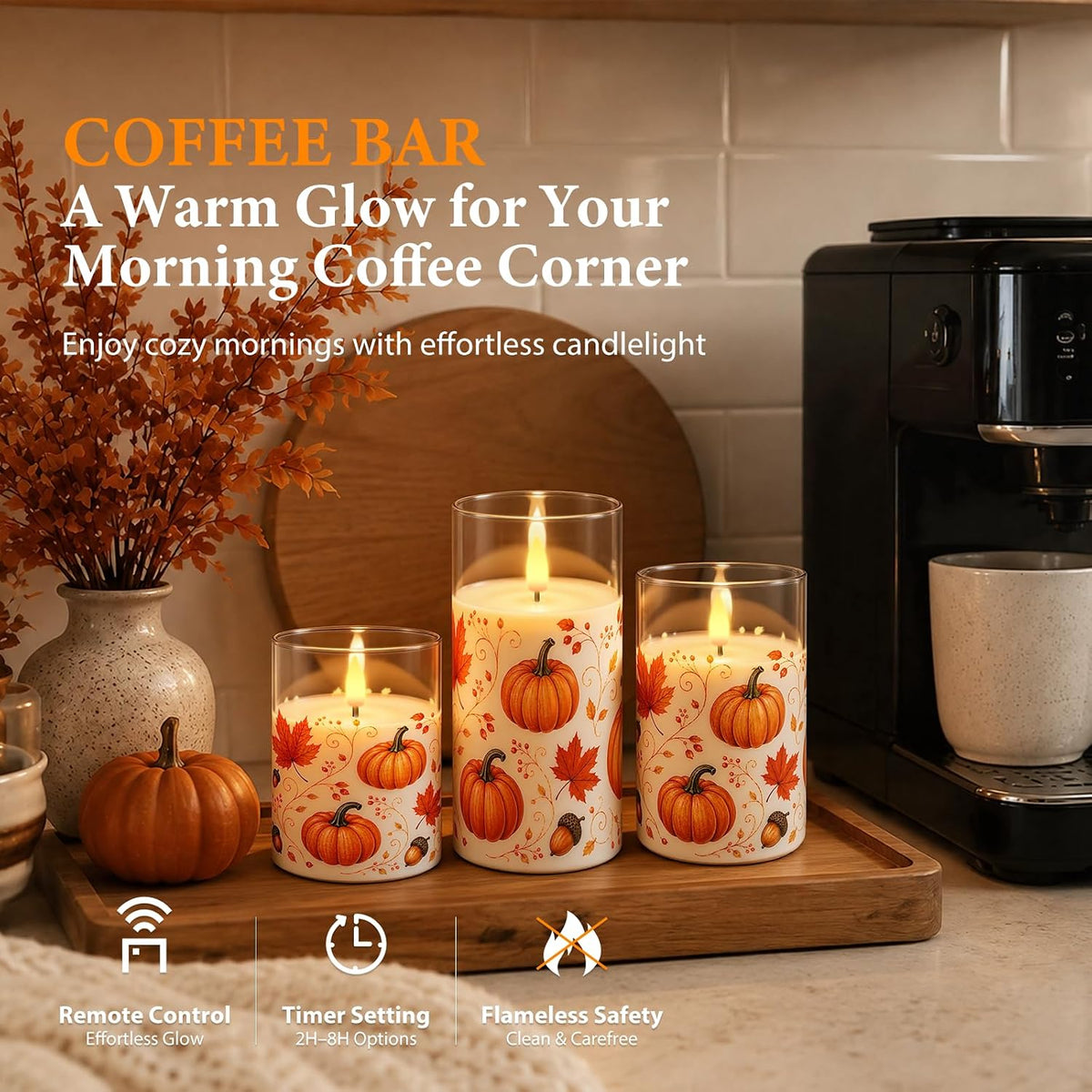 Raycare Fall Flameless LED Pillar Candles Battery Powered with Remote Timer