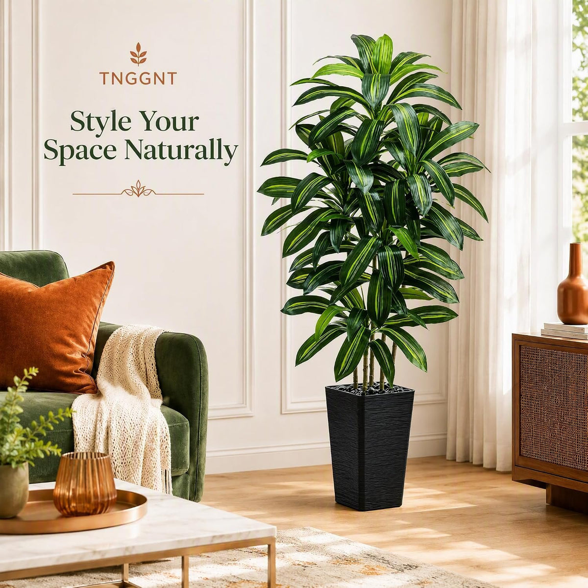 Artificial Dracaena Tree: 5FT Fake Plants Silk Faux Trees(Black Pot)