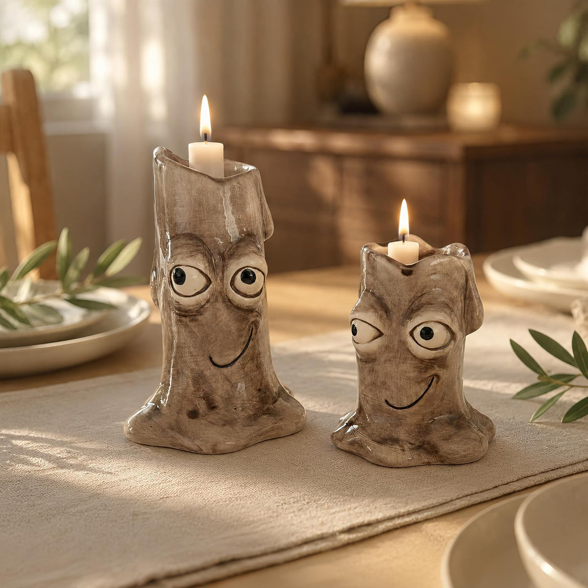 2 PCS Ceramic Candle Holders, Funny Face Decor Set for Home
