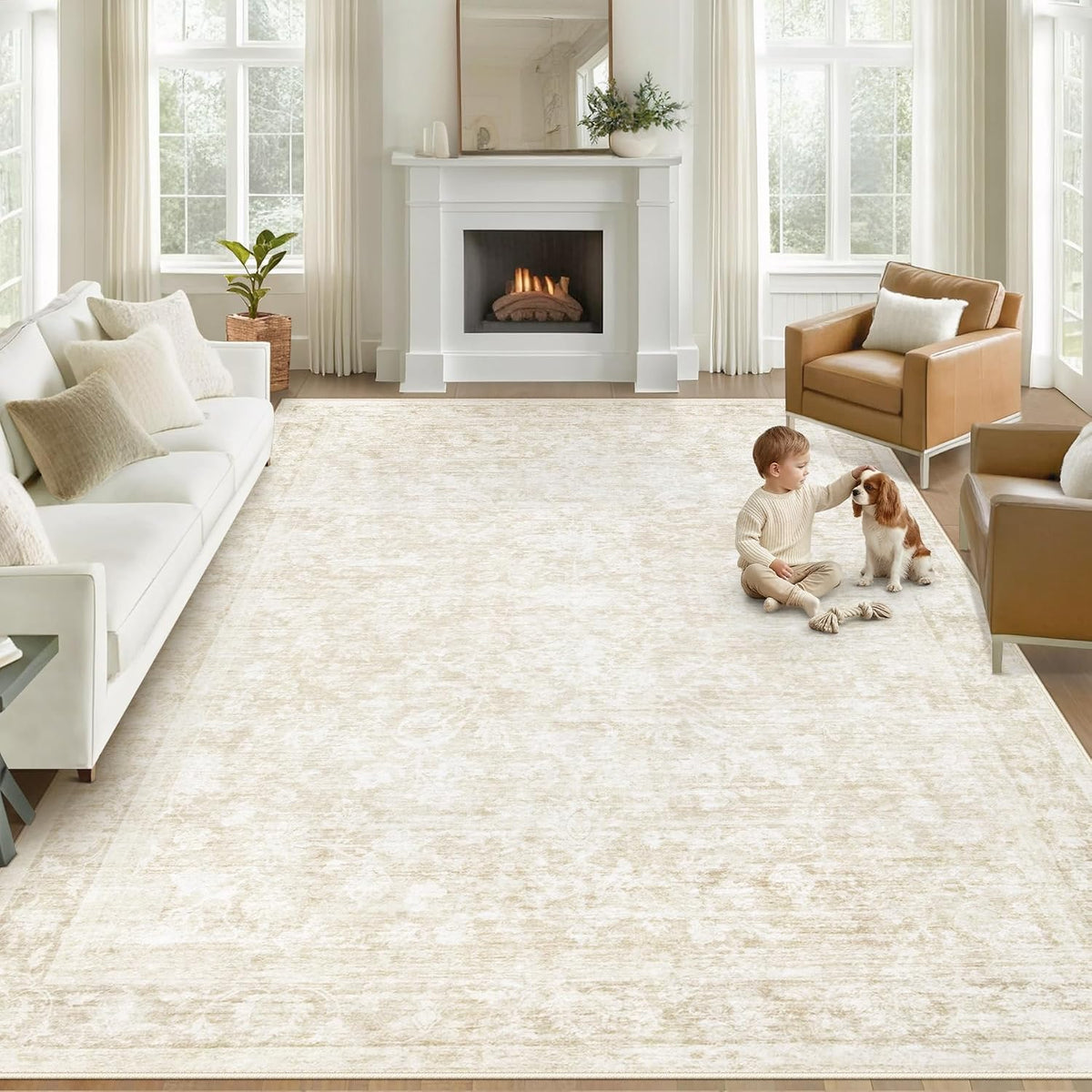 8x10 Area Rugs for Living Room: Washable Large Vintage Floral Rug Low Pile No...
