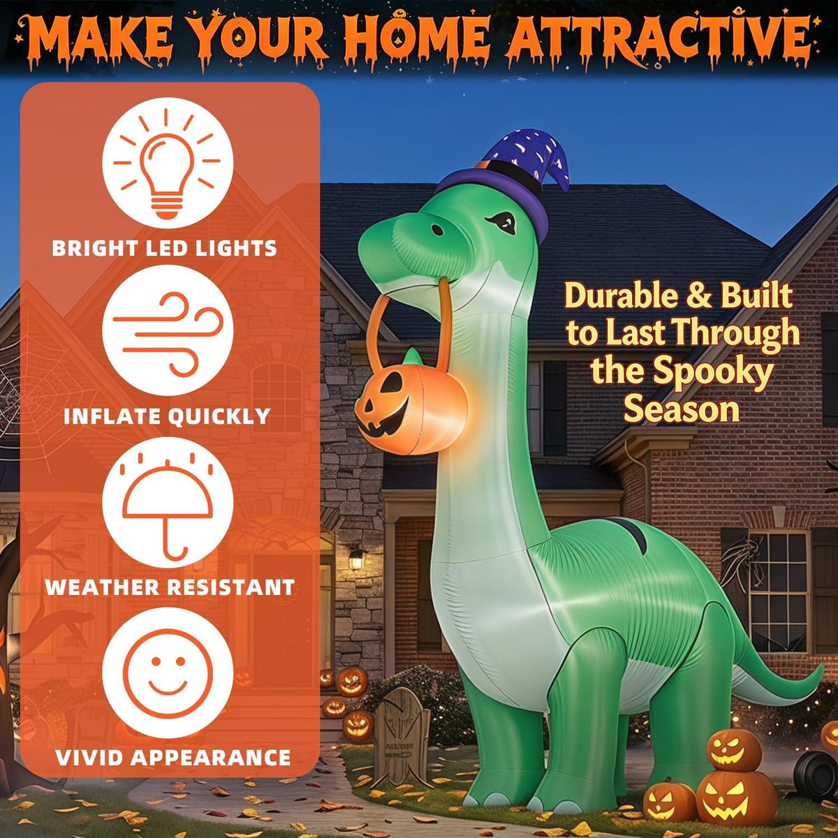 12FT Giant Halloween Decorations Inflatable Dinosaur Outdoor Decor.