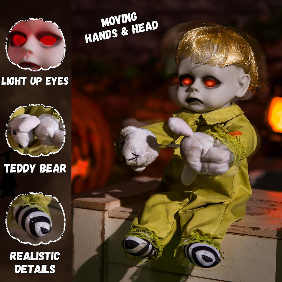 Halloween Animatronic 10inch Creepy Boy Doll, Halloween Animated Decorations ...