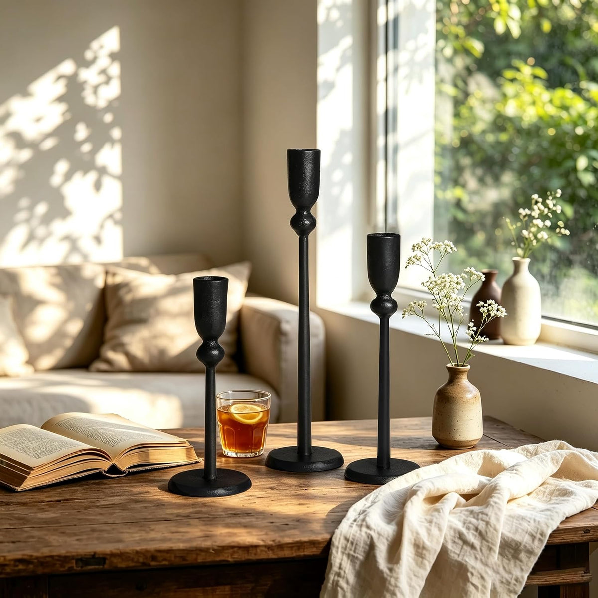 PERFNIQUE Black Candle Holders for Candlesticks Set of 3, Cast Iron Decor