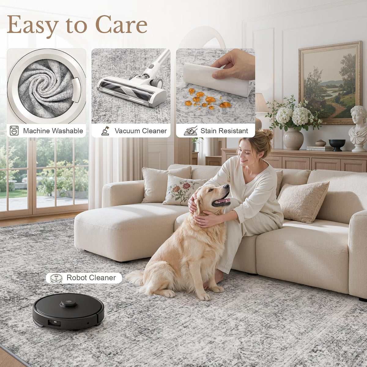 8x10 Area Rug Living Room:Washable Vintage Abstract Carpet Black Grey