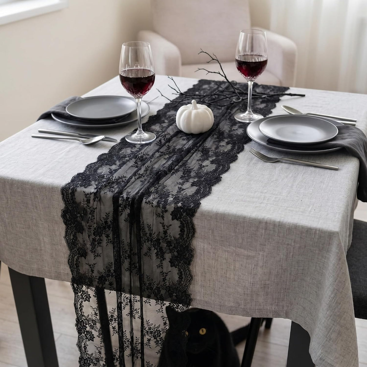 Remagr 6 Pcs Black Lace Table Runners 30" x 120" Floral Wedding Decor