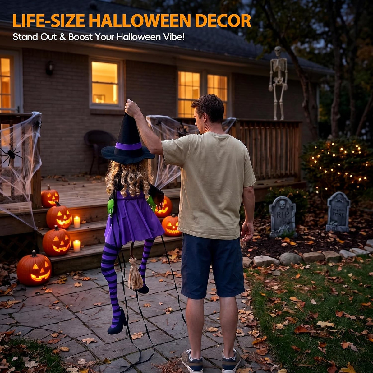 63" Purple Witch Crashing into Tree Halloween Decorations