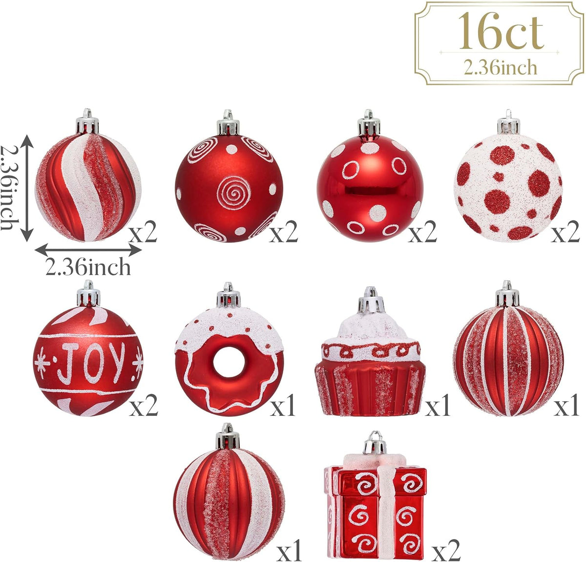 Valery Madelyn Christmas Ornaments Set, 16ct Candy Cane Red and White Shatter...