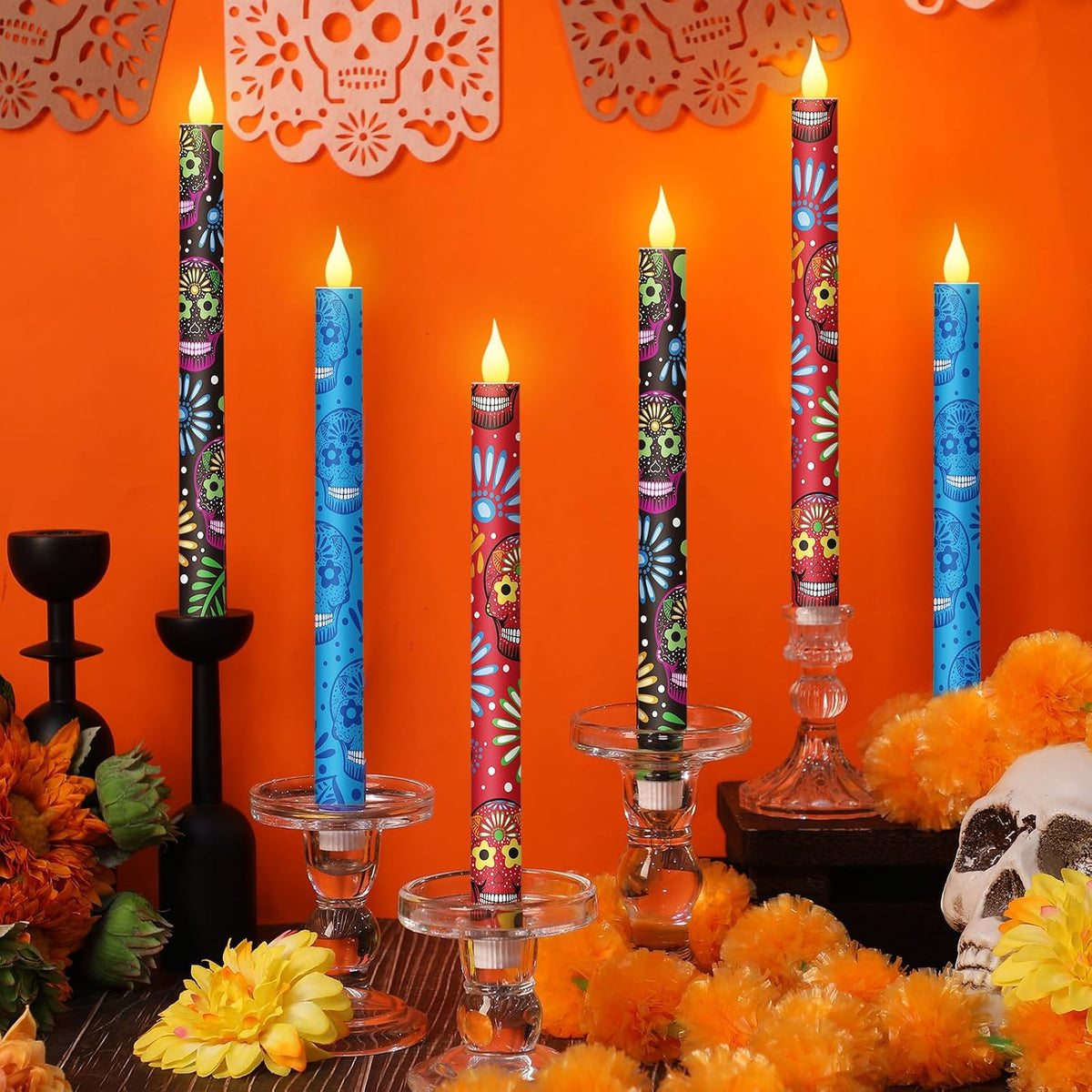 Honoson 6 Pcs Dia De Los Muertos Flameless Taper Candles, Battery Operated